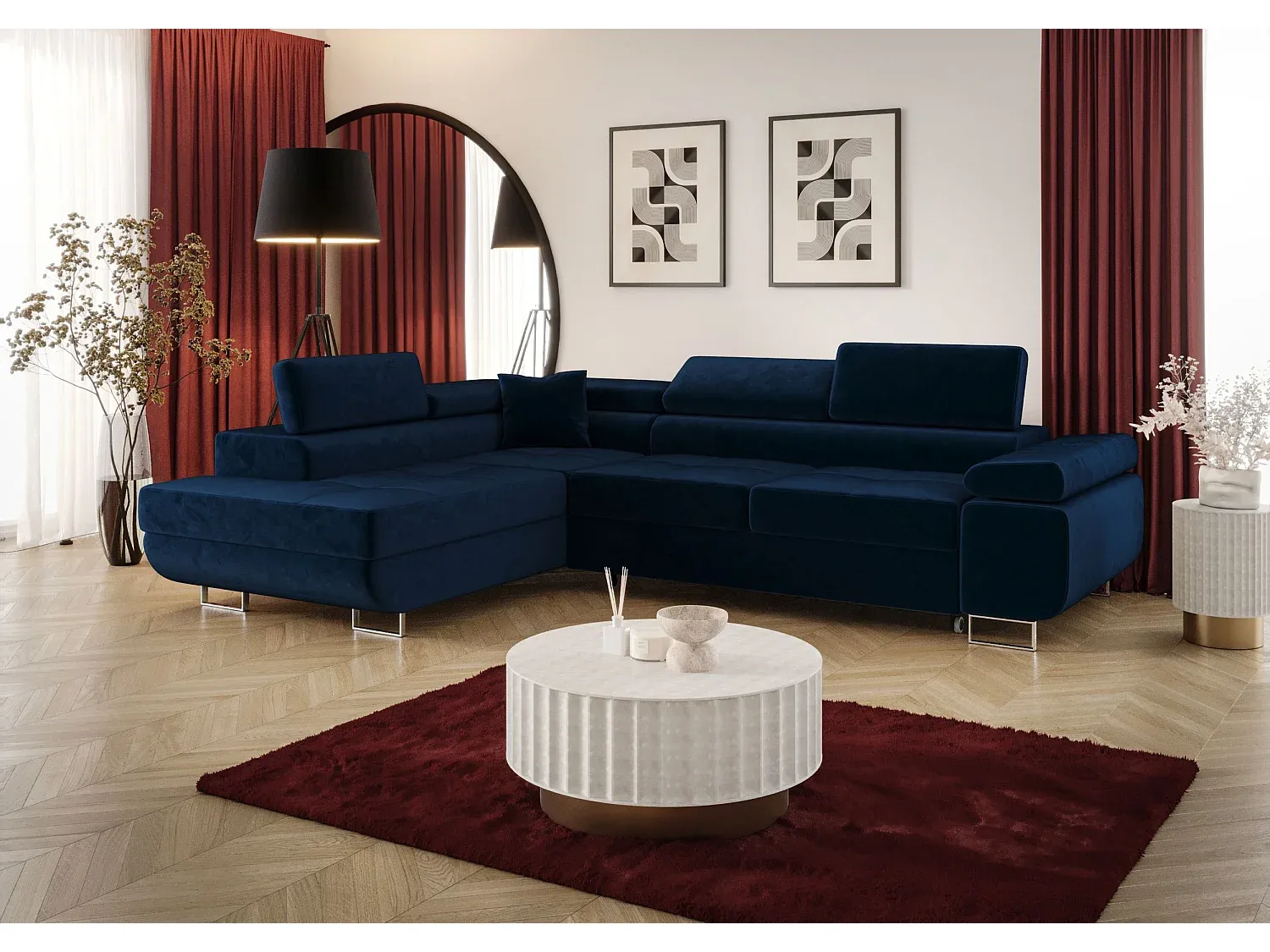 Ecksofa mit Schlaffunktion und Stauraum in Dunkelblau