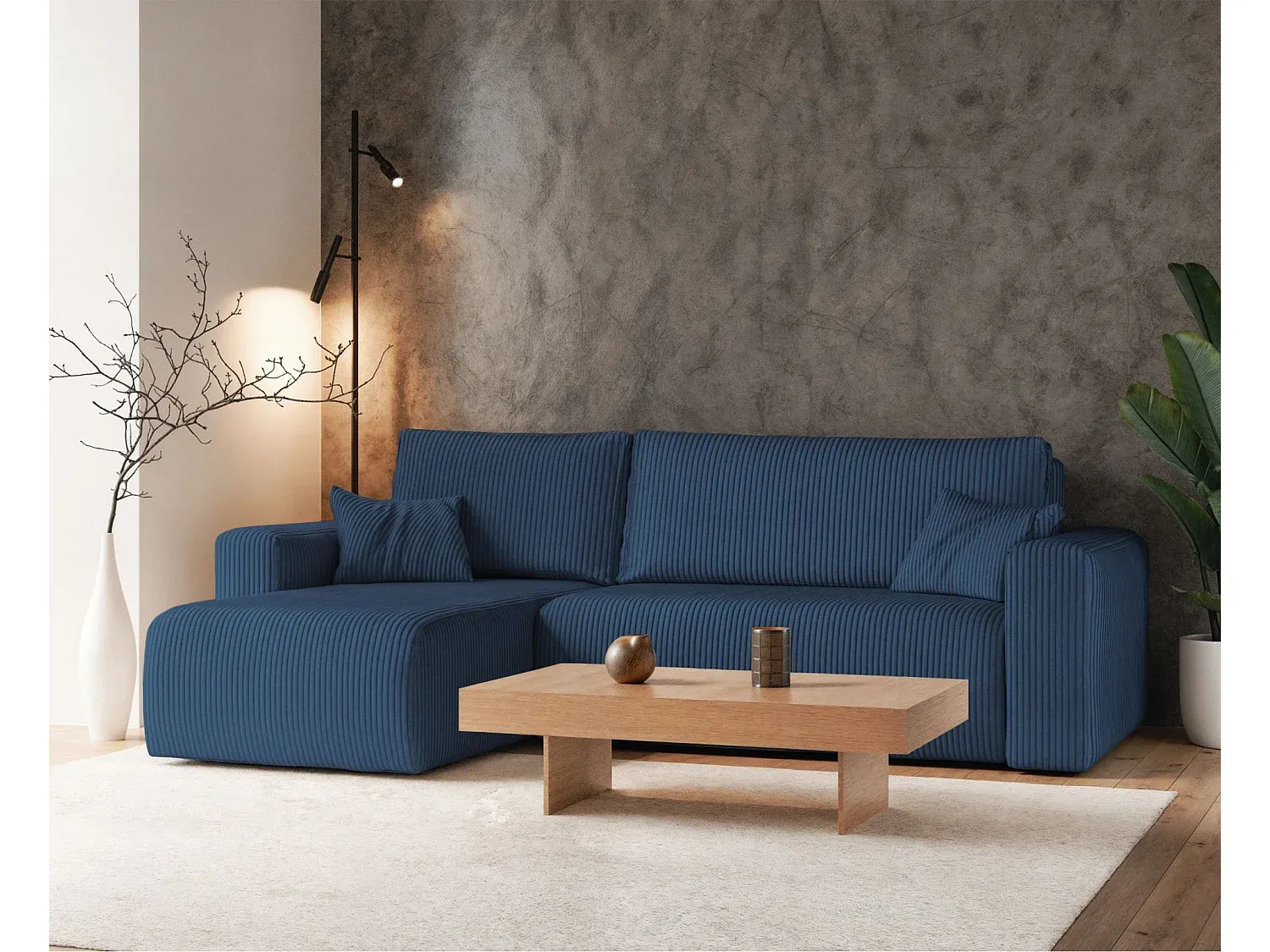 Ecksofa mit Schlaffunktion und Stauraum in Marineblau