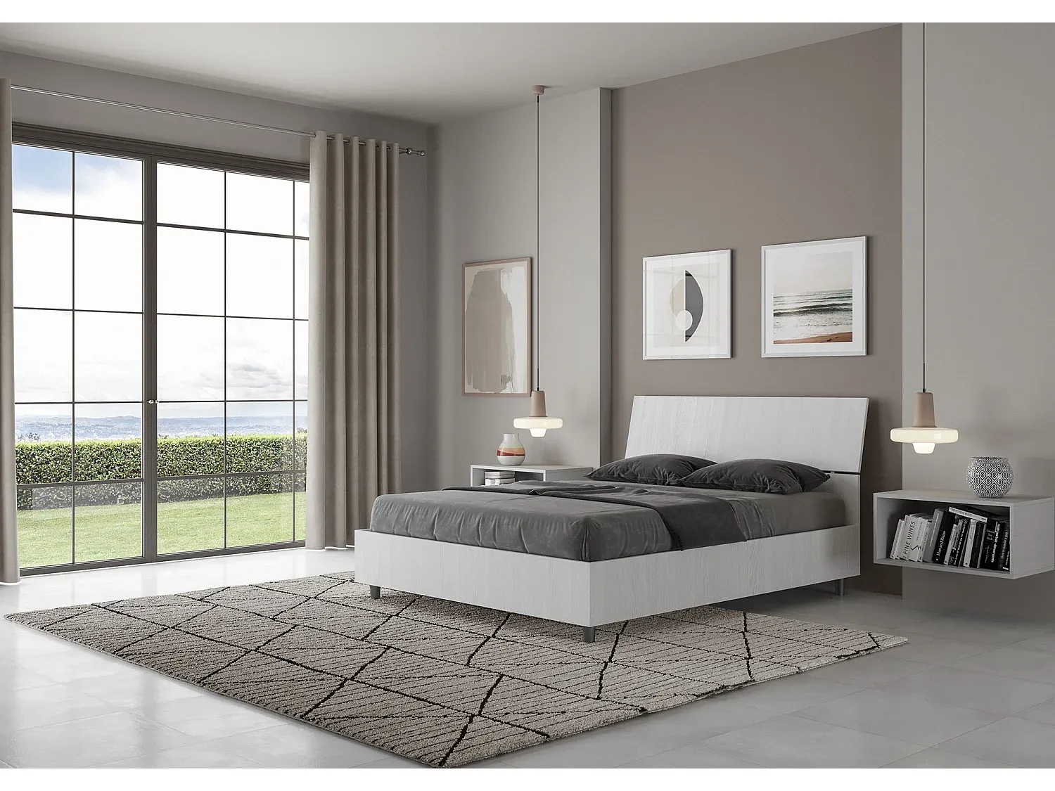 Stauraumbett 140x190 mit geneigtem Kopfteil Esche Weiß