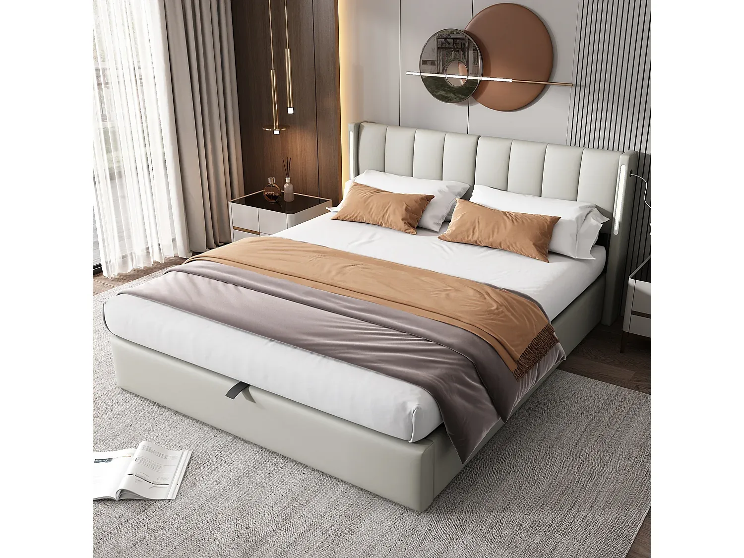 Graues Bett mit Stauraum und LED-Kopfteil 180 x 200 cm