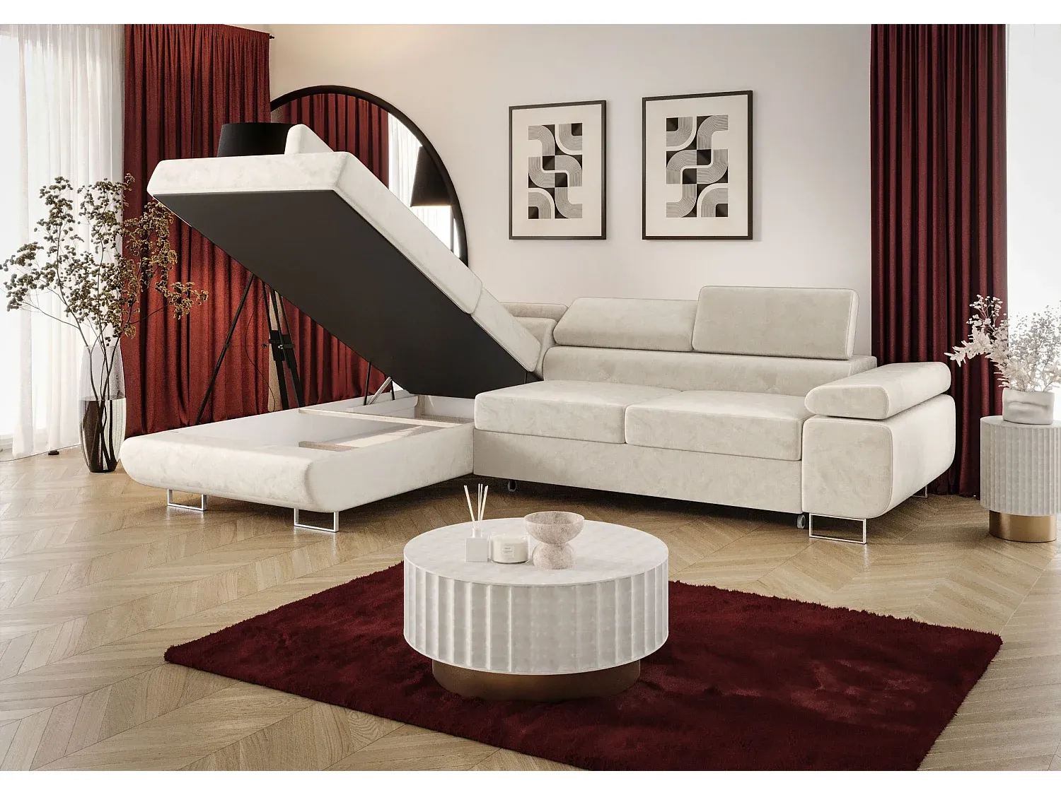 Ecksofa mit Schlaffunktion und Stauraum in Dunkelblau