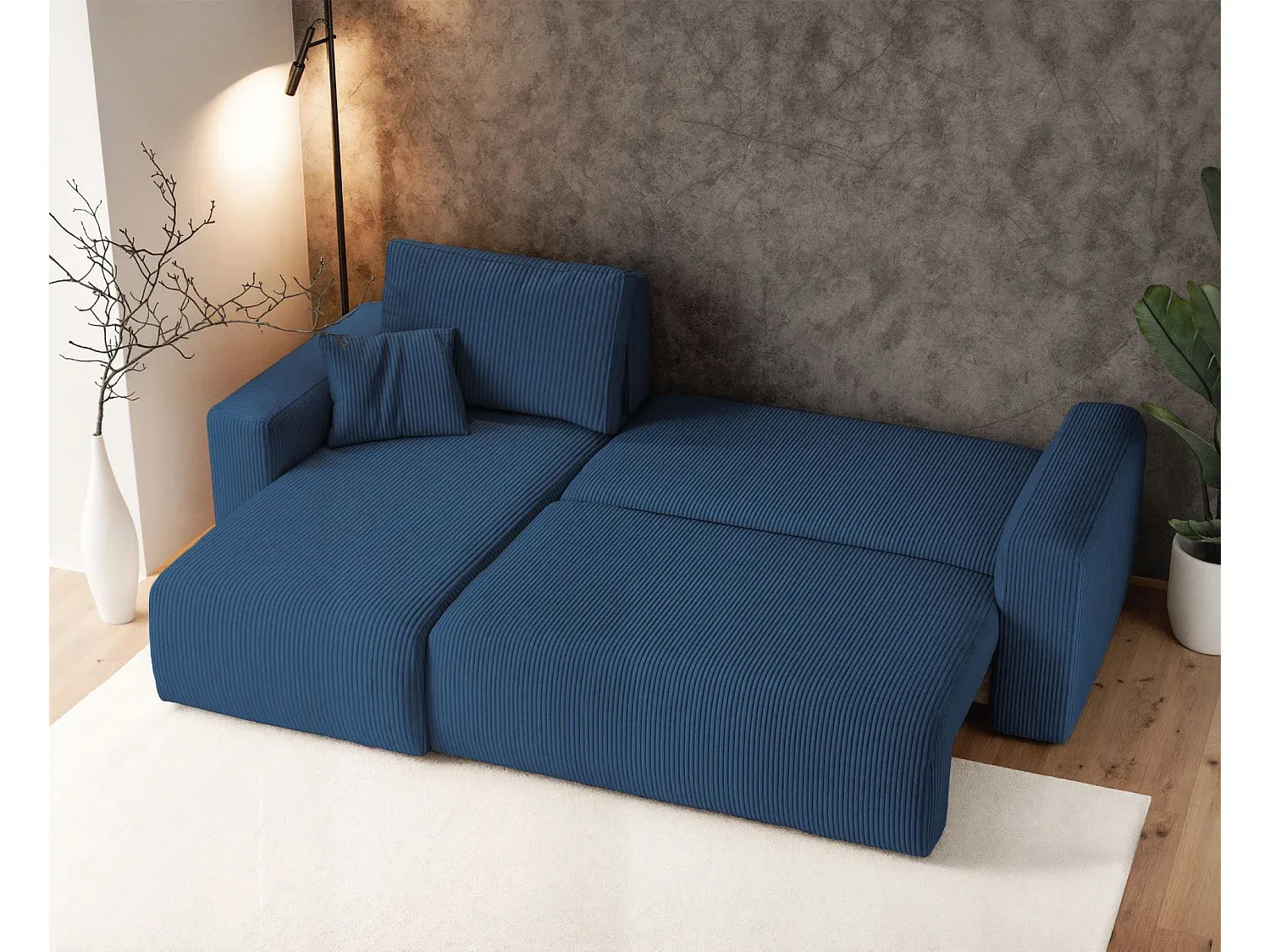 Ecksofa mit Schlaffunktion und Stauraum in Marineblau
