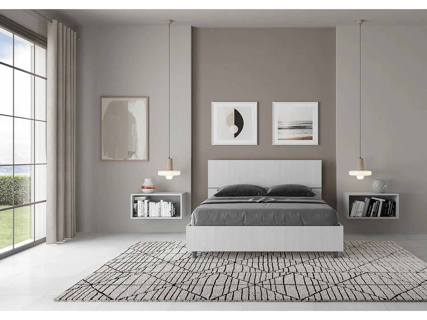 Stauraumbett 140x190 mit geneigtem Kopfteil Esche Weiß