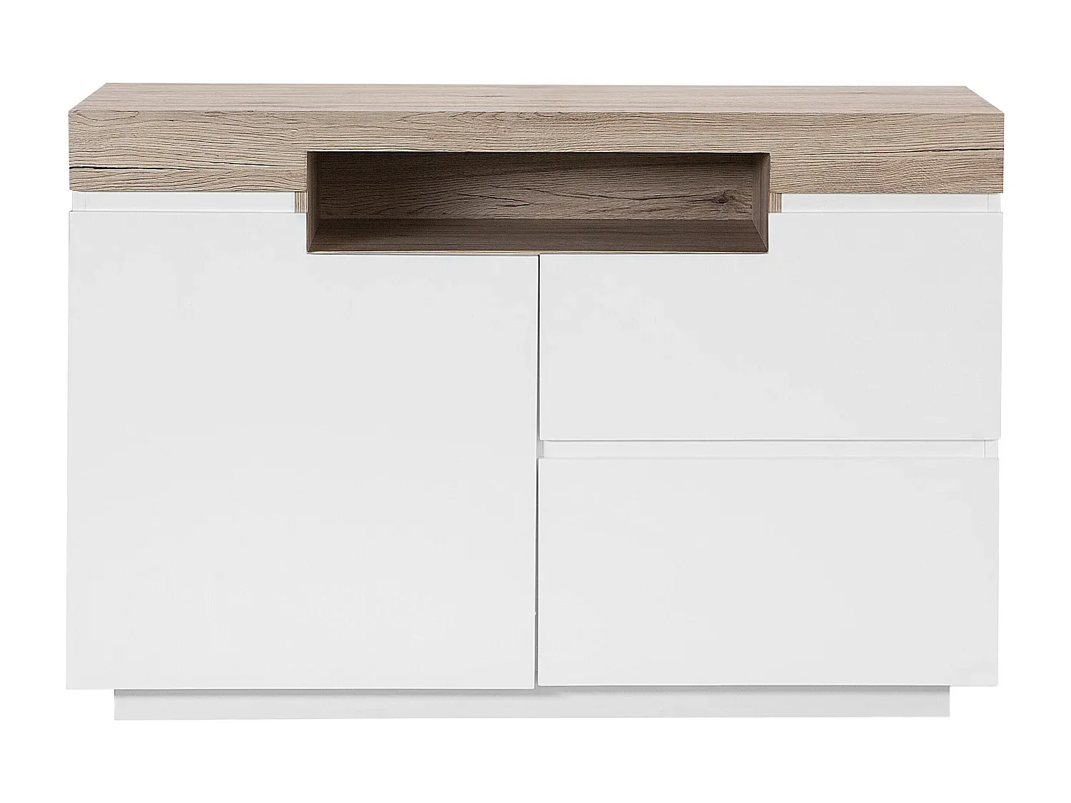 Moderner Sideboard mit 2 Schubladen, Weiß und Heller Holzton