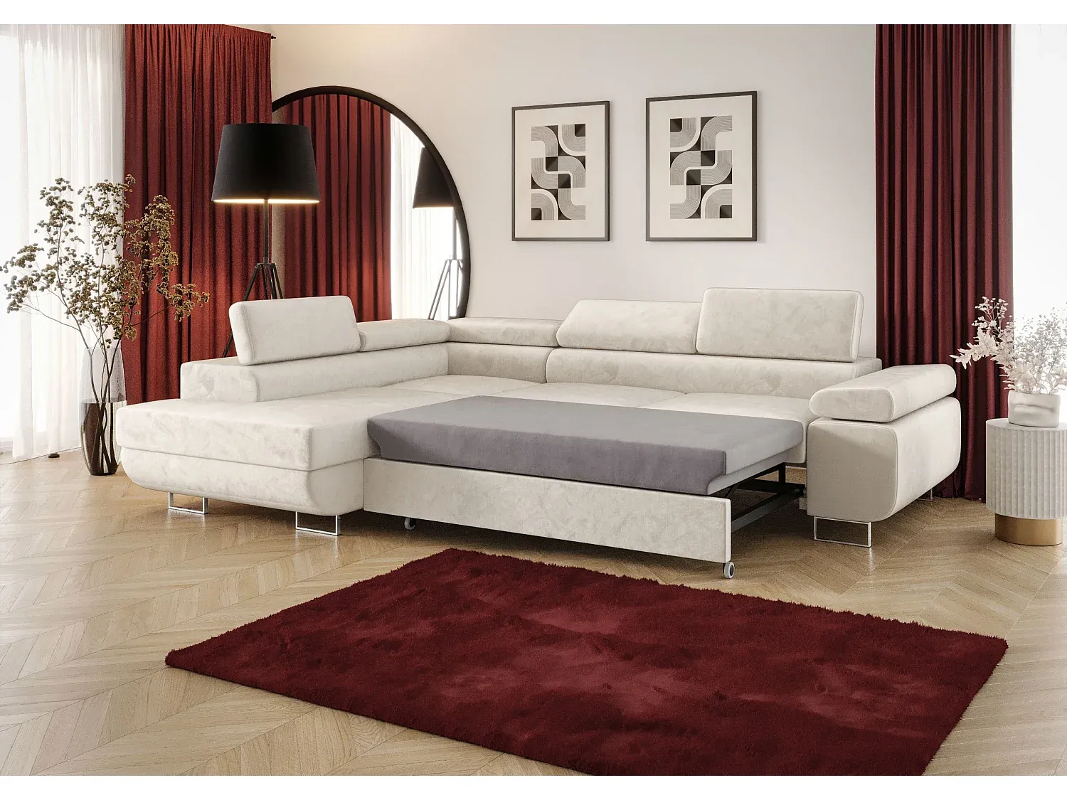 Ecksofa mit Schlaffunktion und Stauraum in Dunkelblau