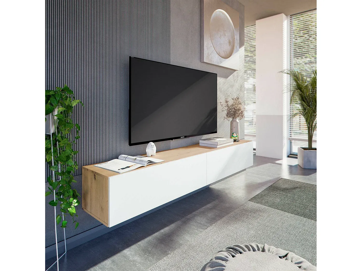 Fernsehständer mit Türen, Hängeschrank für Wohnzimmer, Eiche und Weiß