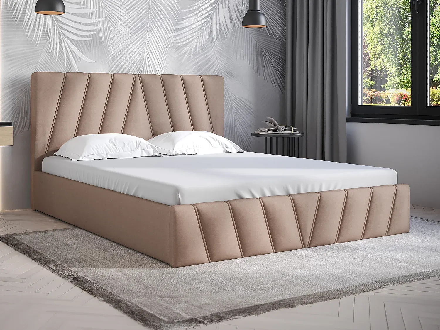 Beige Bett mit Stauraum und Matratze, 160 x 200 cm
