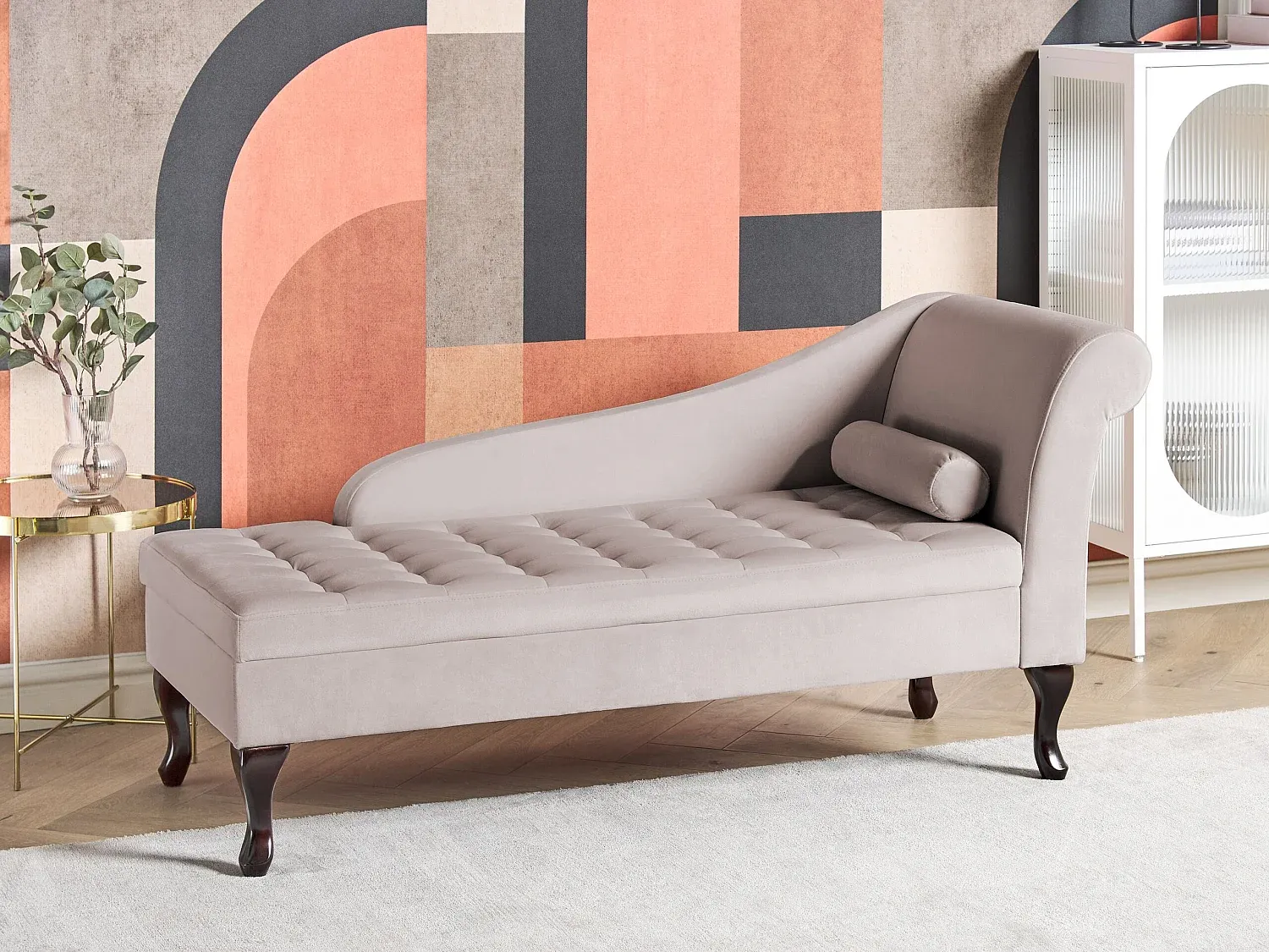 Elegante Chaiselongue aus Samt in Hellbeige mit Stauraum rechts