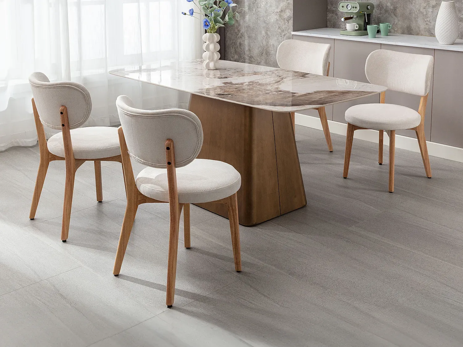 Esszimmerstuhl-Set aus Cord und Holz, Weiß, 2er-Pack