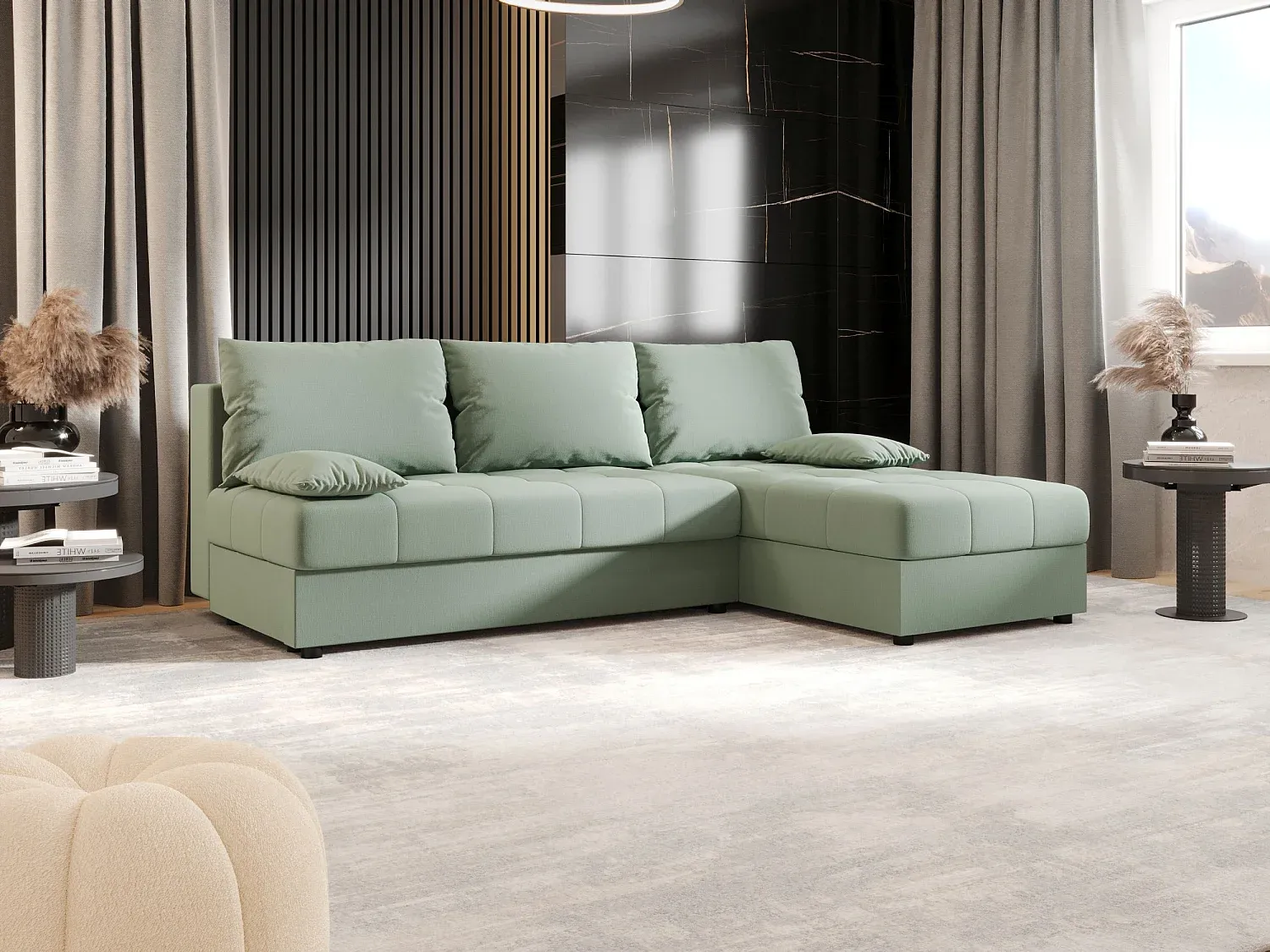 Ecksofa L-Form mit Schlaffunktion und Stauraum in Hellgrün