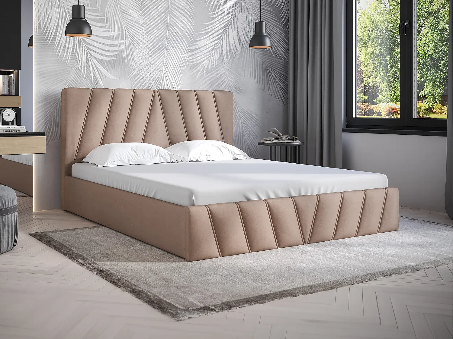 Beige Bett mit Stauraum und Matratze, 160 x 200 cm
