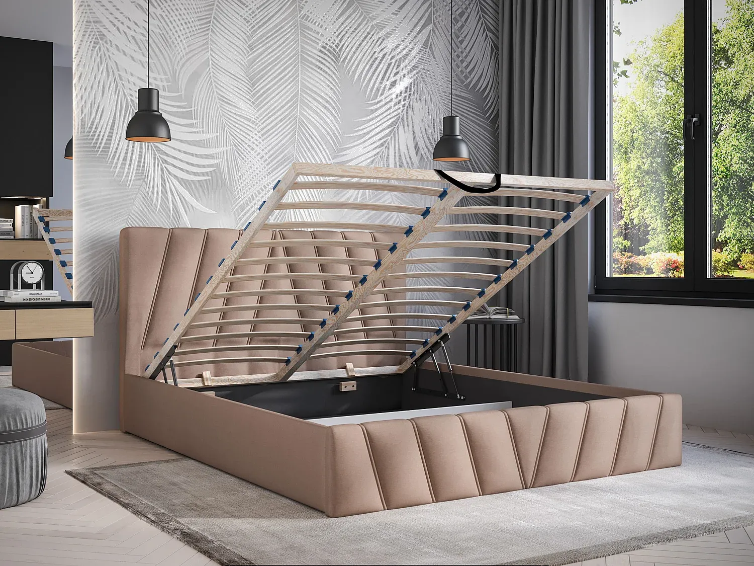 Beige Bett mit Stauraum und Matratze, 160 x 200 cm