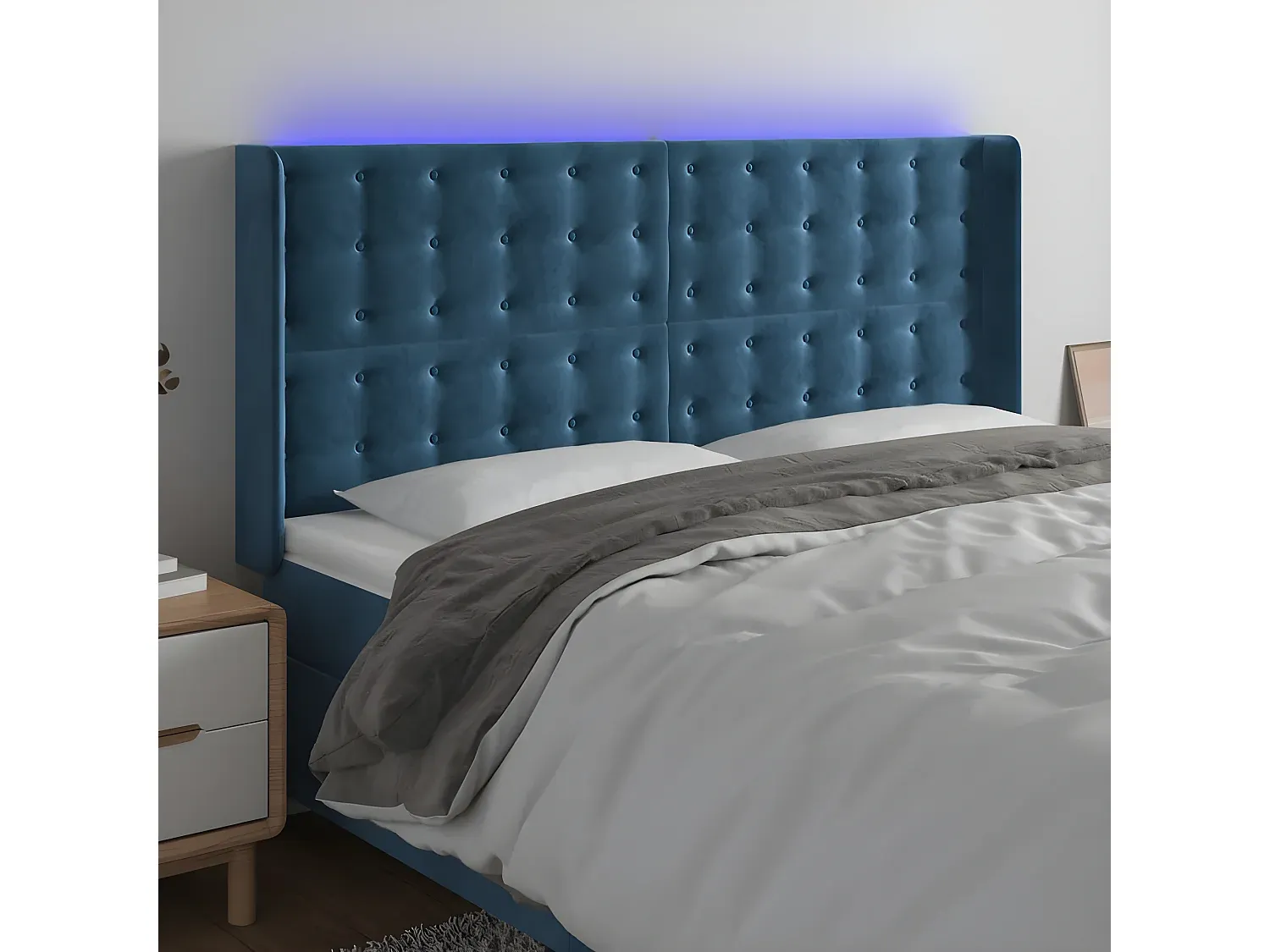 Verstellbares Samt-Bettkopfteil in Dunkelblau mit LED