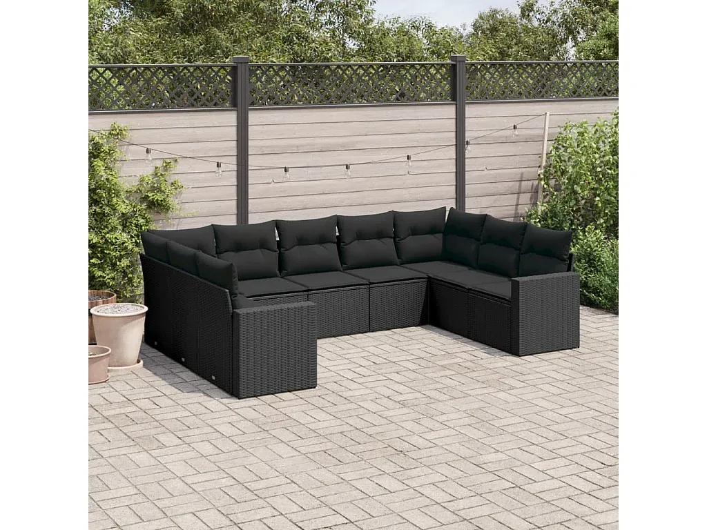 Outdoor-Sofagarnitur mit Kissen, Schwarz, Poly-Rattan, 9-teilig