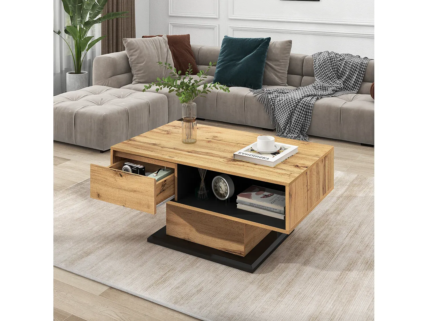 Moderner Holzcouchtisch mit Schublade und Stauraum, 100x47x60cm