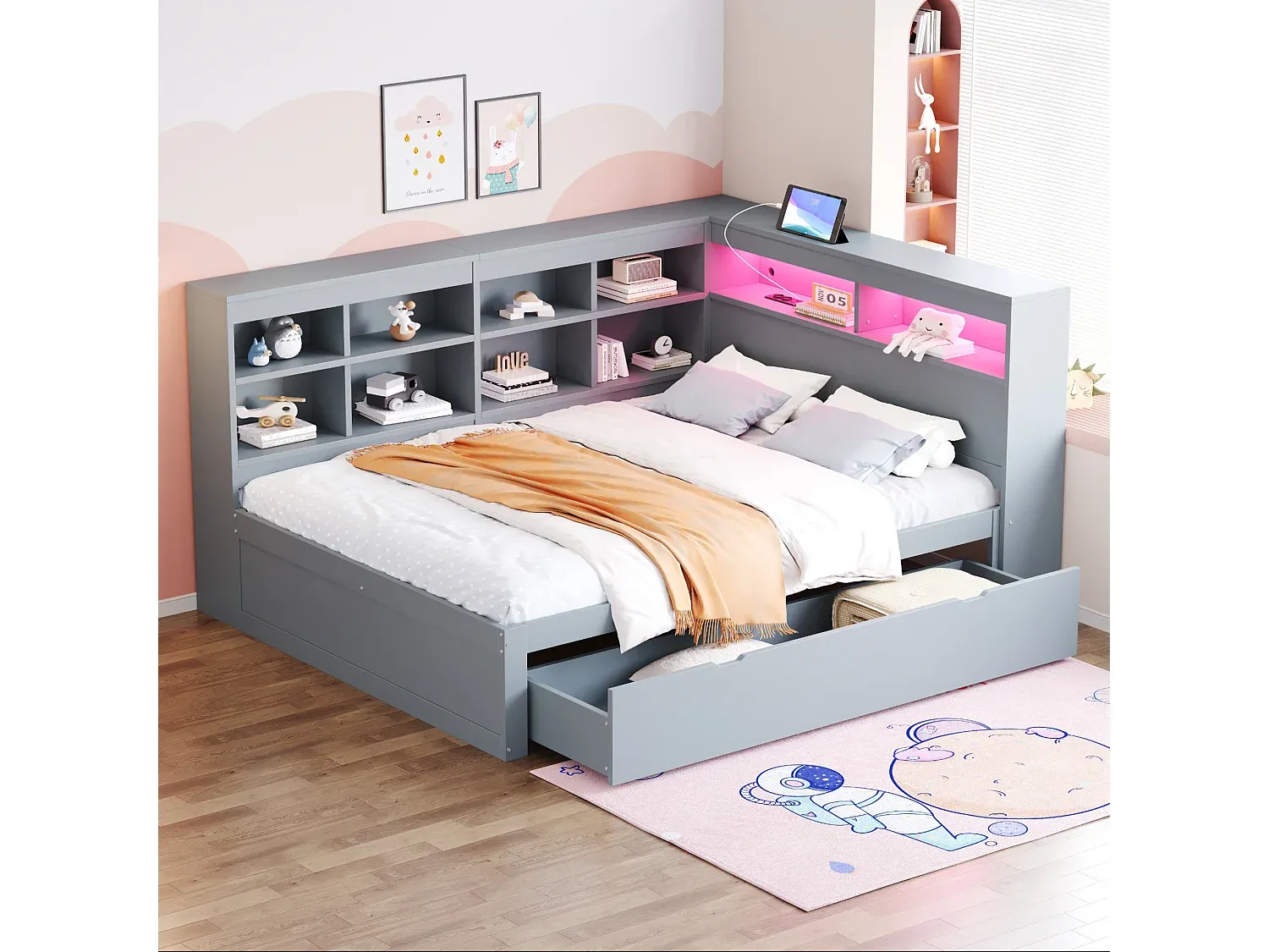 Modernes Bett 140 x 200 cm mit Stauraum und LEDs