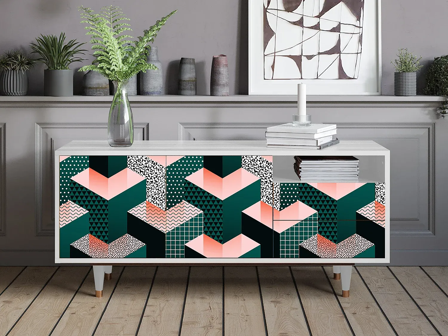 Skandinavisches TV-Schrank mit Geometrischem Design, Weiß