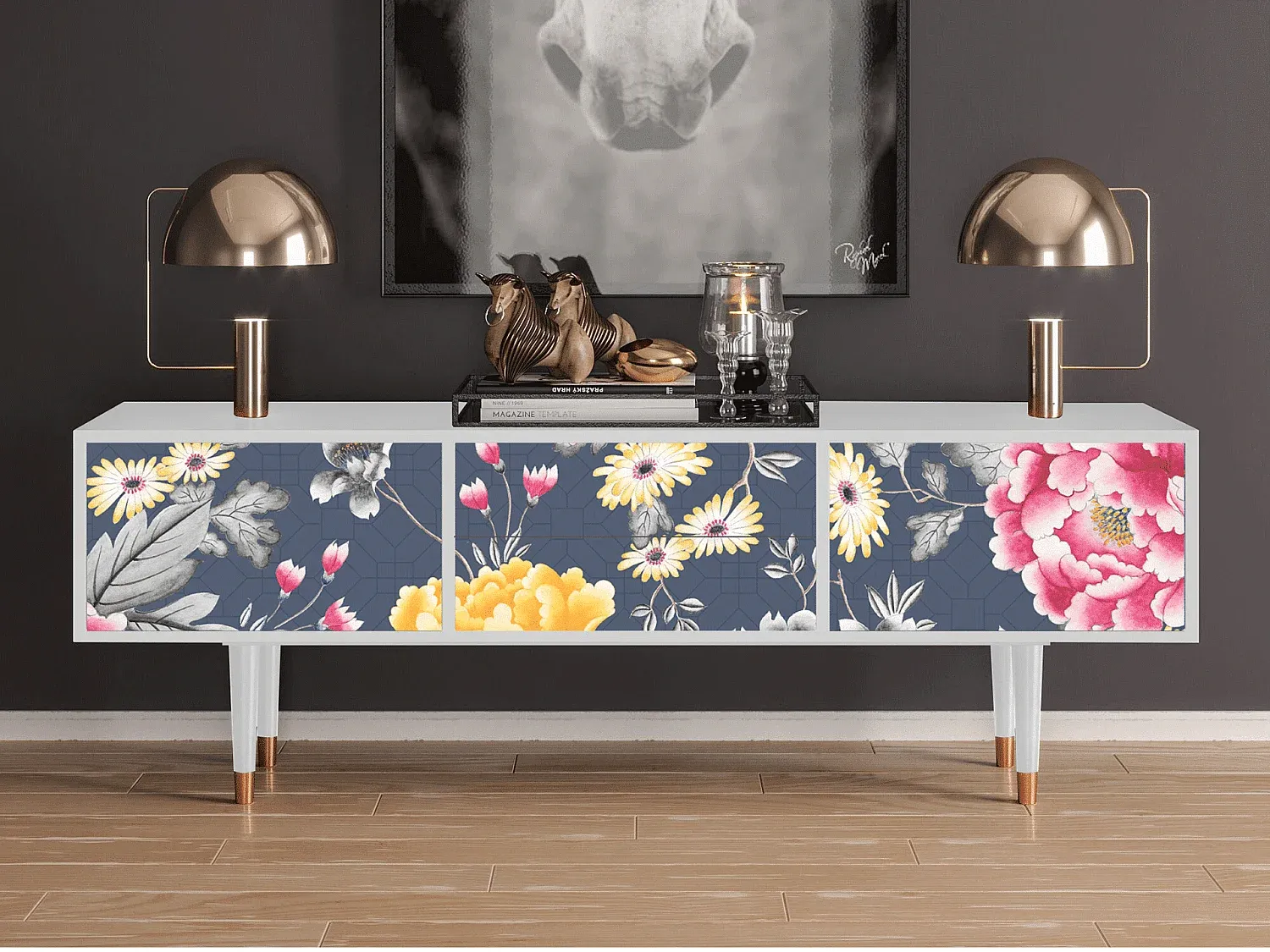 Moderner TV-Schrank mit floralem Design, Weiß