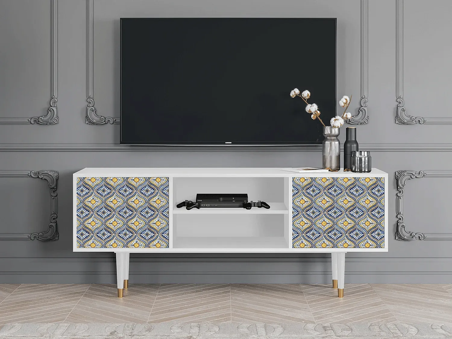 Moderner Fernsehtisch mit Illusionsmuster in Weiß