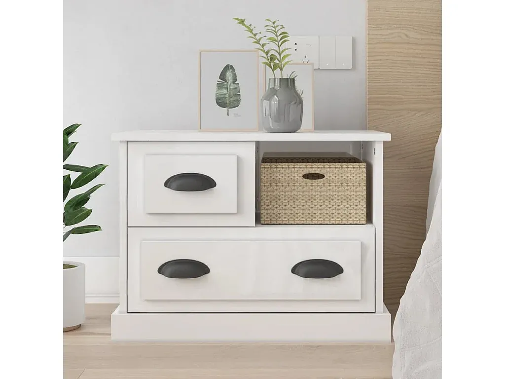 Moderner Nachttisch in Hochglanz Weiß, 60x39x45 cm