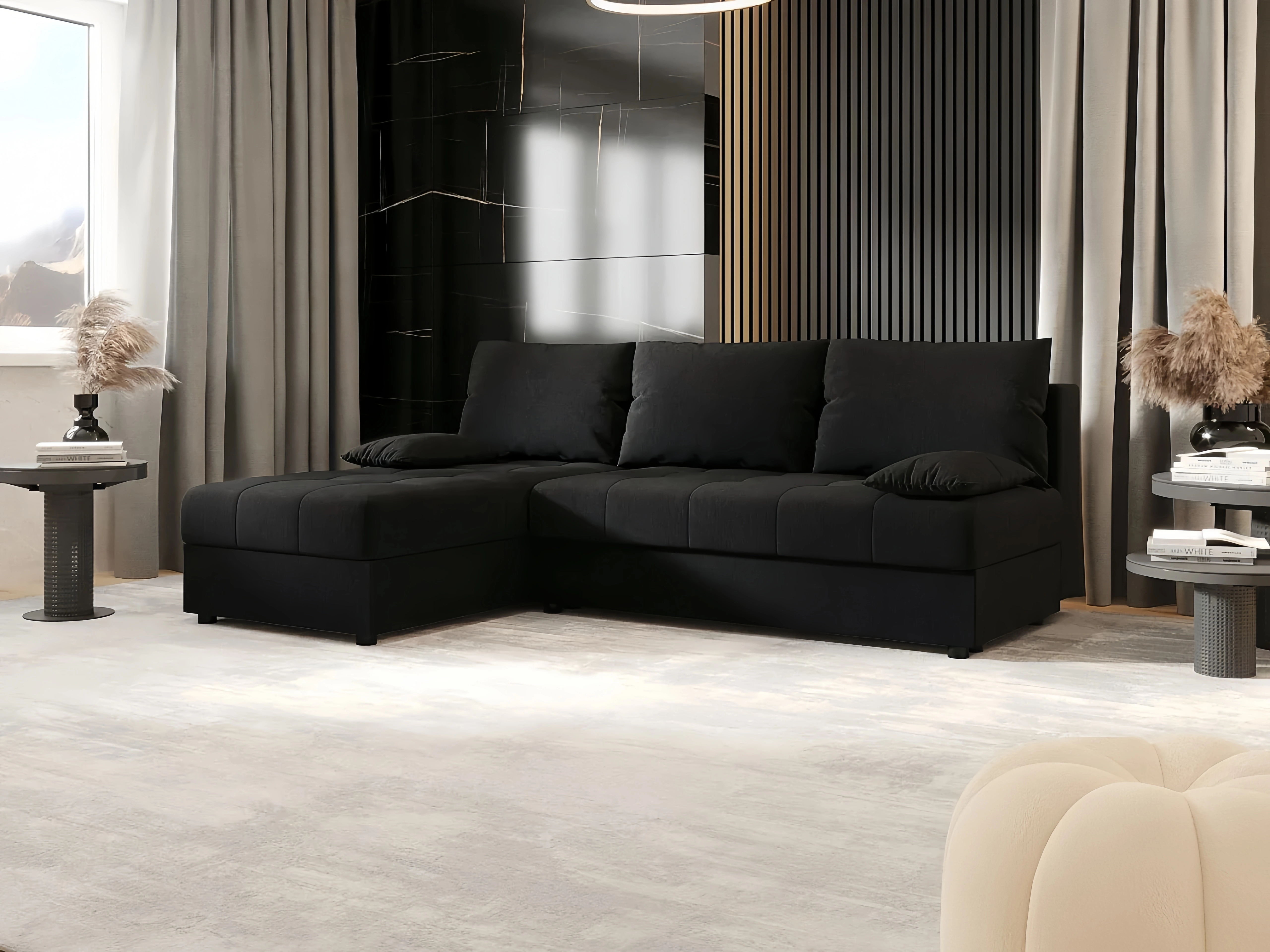 Ecksofa L-Form mit Schlaffunktion und Stauraum in Schwarz