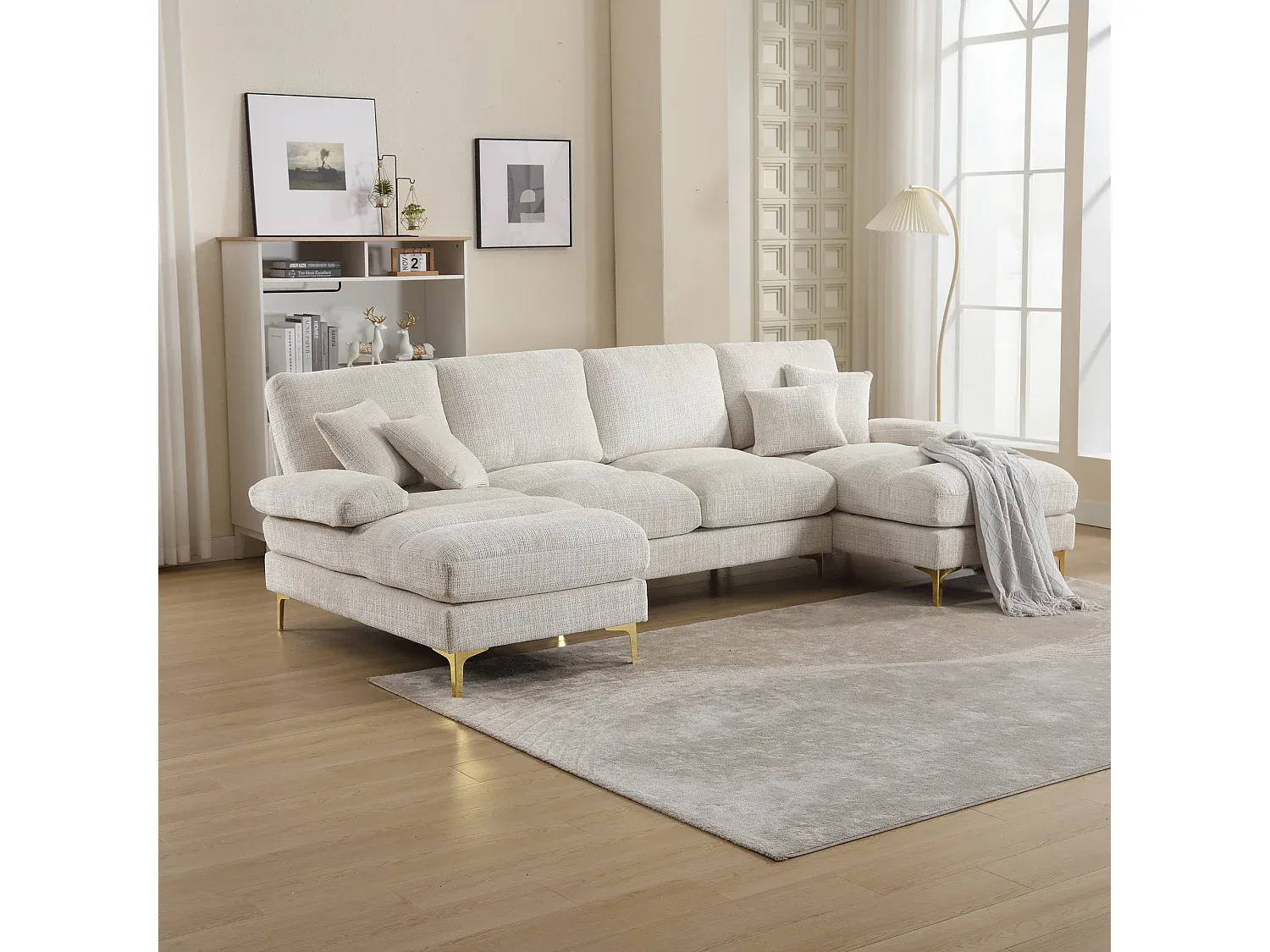 Gemütliches U-Sofa mit Liegesitzen in Beige für Wohn- und Schlafzimmer