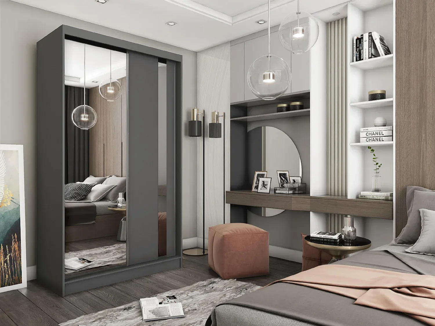 Kleiderschrank mit Schiebetüren und Spiegel, 120 cm, graphit