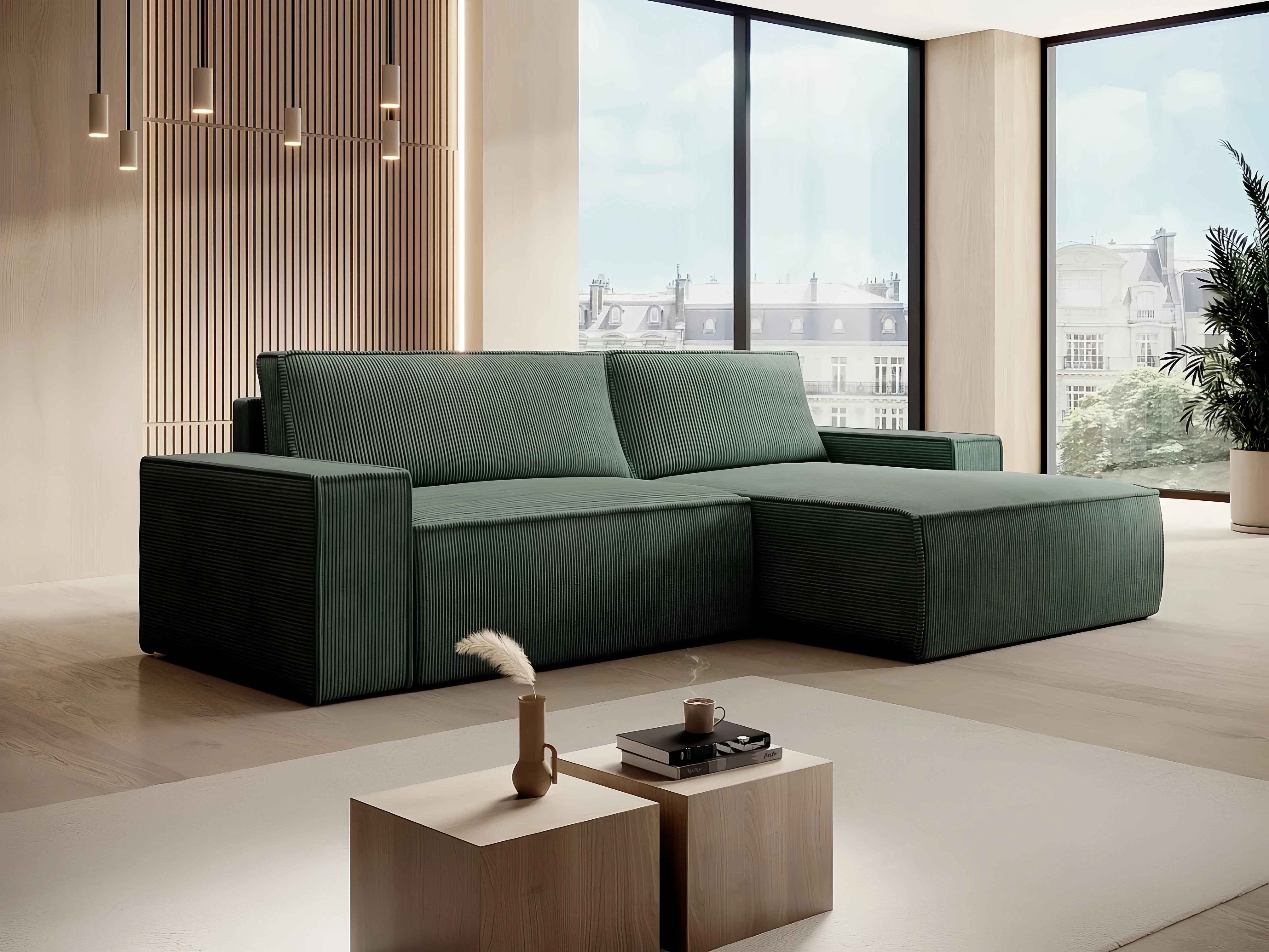 Grünes Ecksofa mit Cordbezug, rechts ausgerichtet, bequem