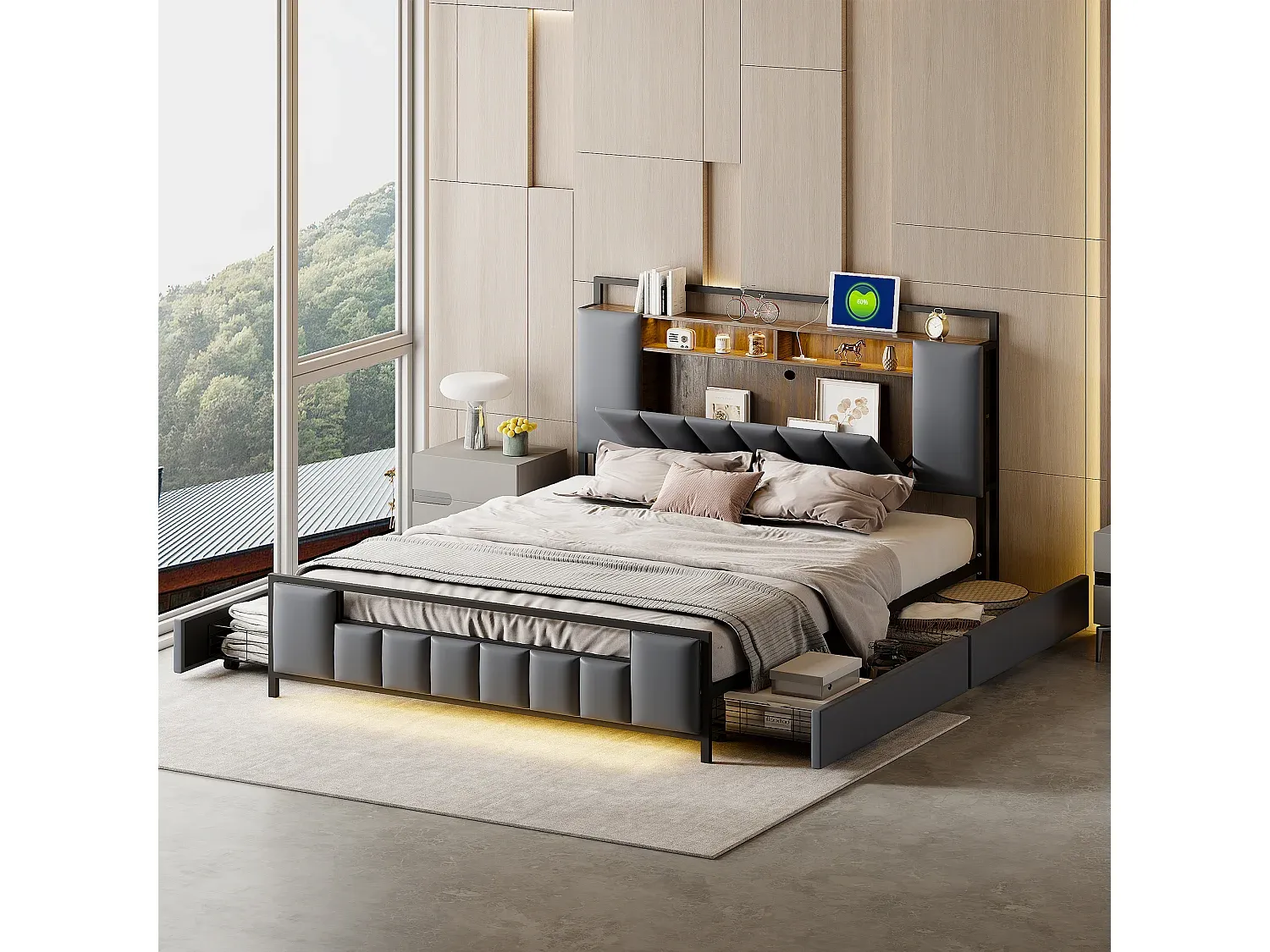 Graues Polsterbett mit Schubladen, LED-Beleuchtung & USB-Anschluss