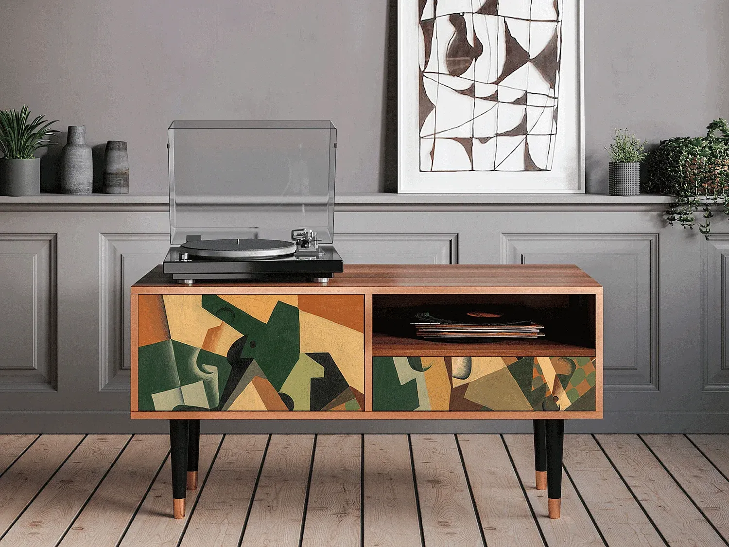 Moderner TV-Ständer aus Glas mit Schachbrettmuster und Walnuss