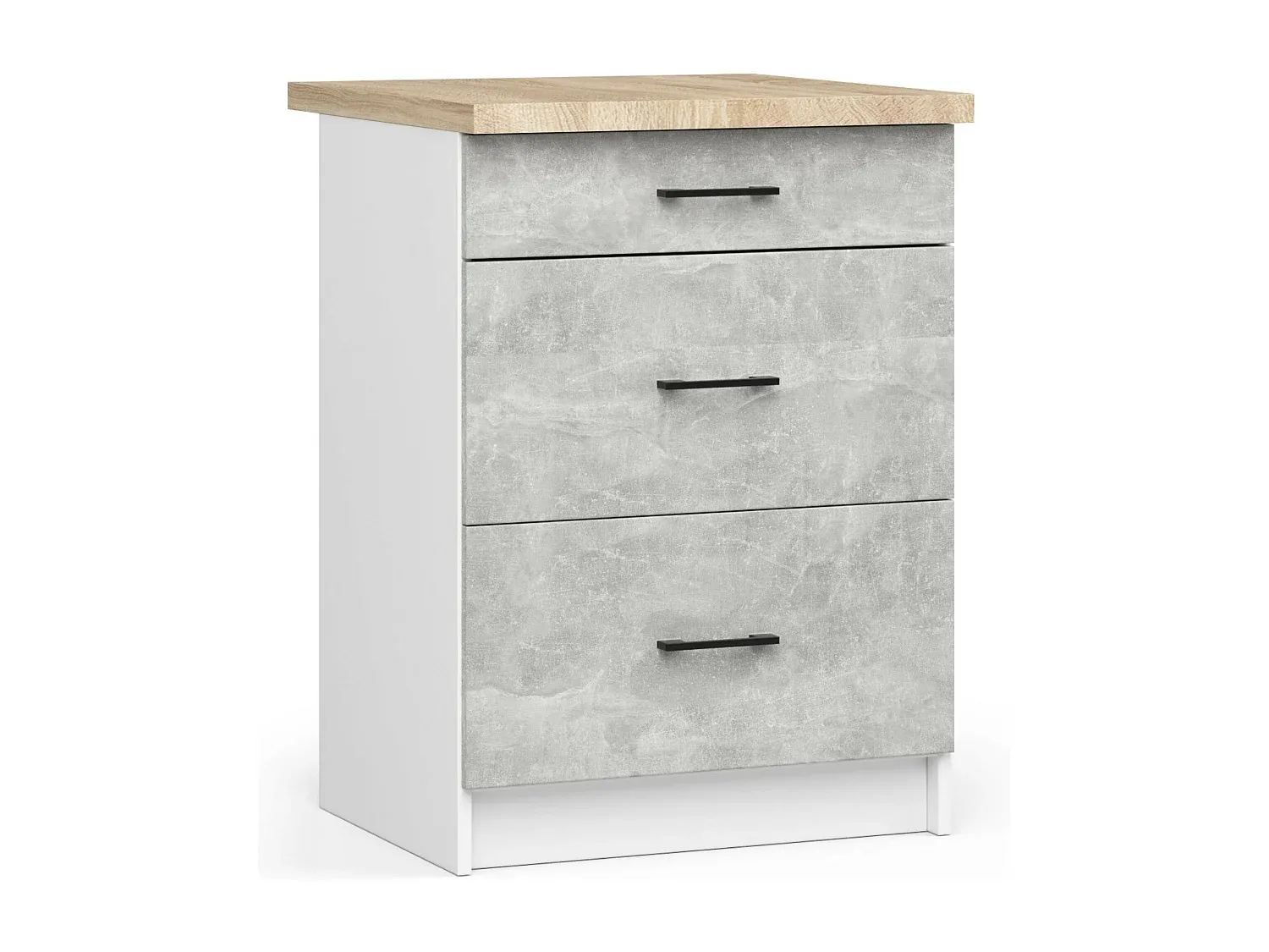 Modularer Küchenschrank mit Betonoptik und Arbeitsplatte, 3 Schubladen, Weiß, 60 cm