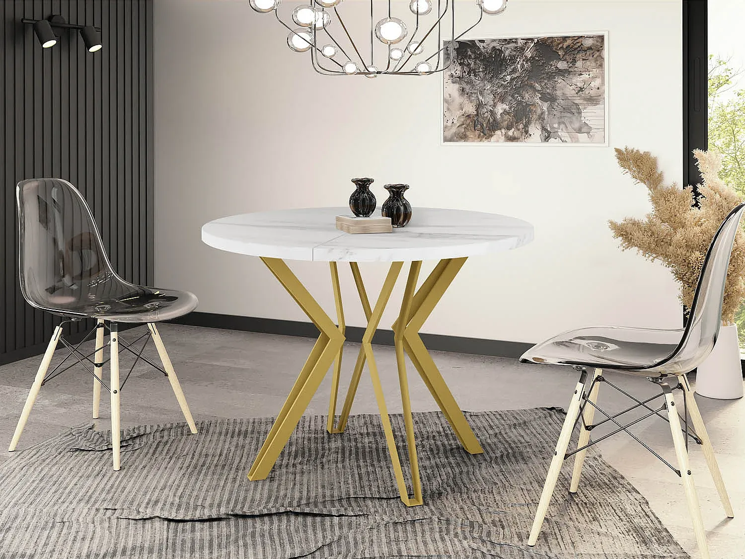 Ausziehbarer Esstisch im Industriestil mit goldenen Beinen und Marmor-Optik