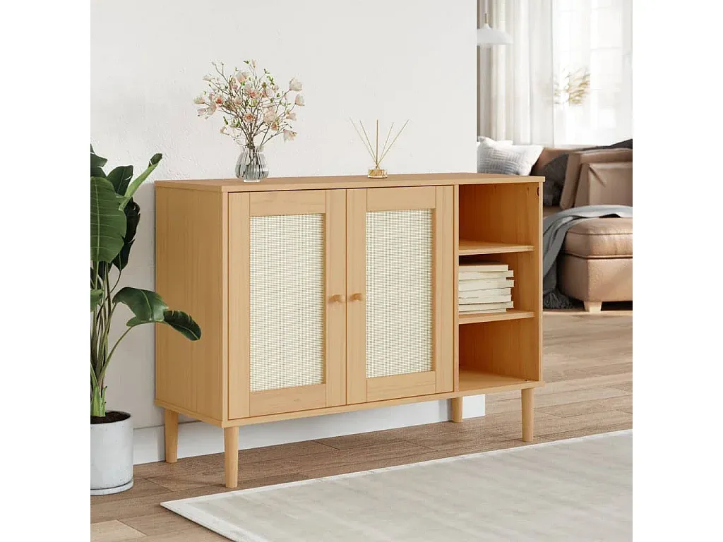 Sideboard mit 2 Türen in Rattan-Optik, Braun, 112x40x80 cm, Kiefernholz