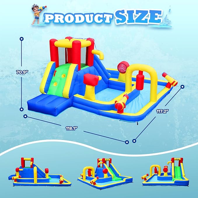 JOYMOR Inflatable Water Slide Park w/ 83x40 in Deep Swimming Pool, Shower Spray, Sticky Ball, Climbing Wall, Water Slides Inflatables for Kids and Adults Backyard Outdoor Fun (Air Blower Included)