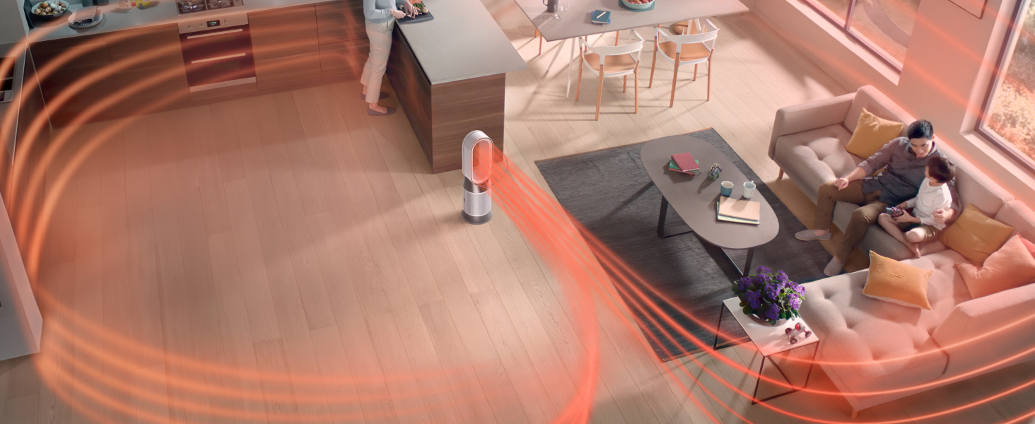 A Dyson purifying heater is purifying the air and heating the whole living space.