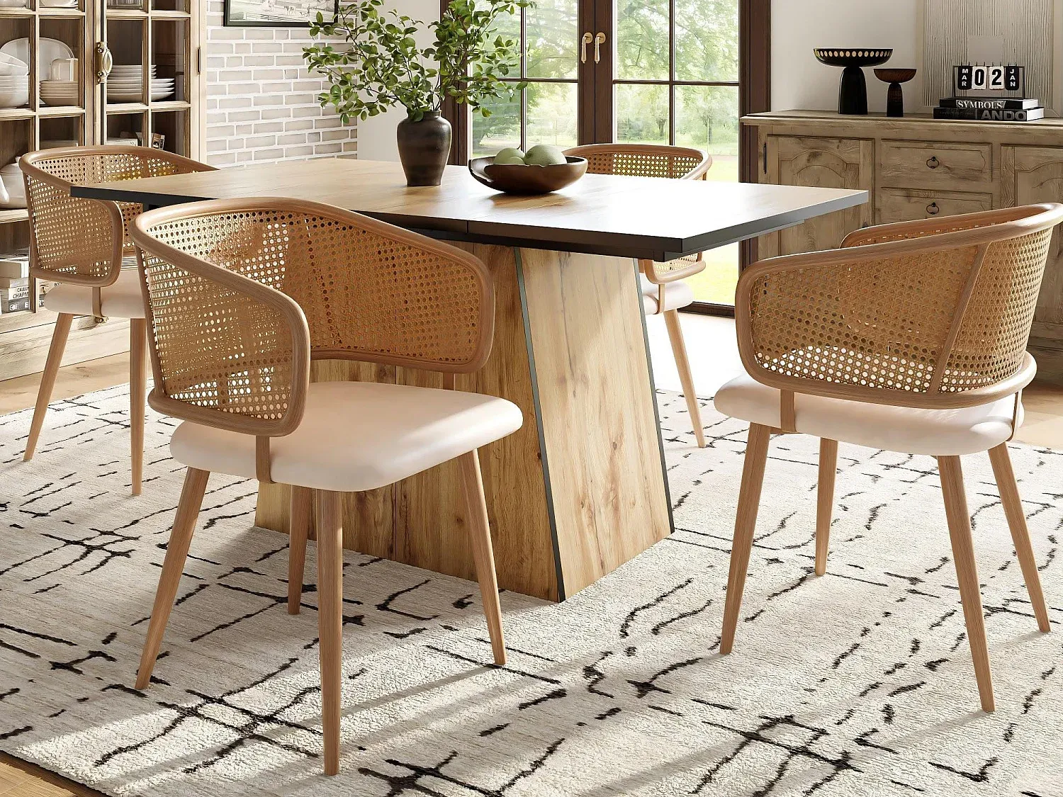 Esszimmerstühle 4er-Set mit Rattanlehne und Kunstlederkissen