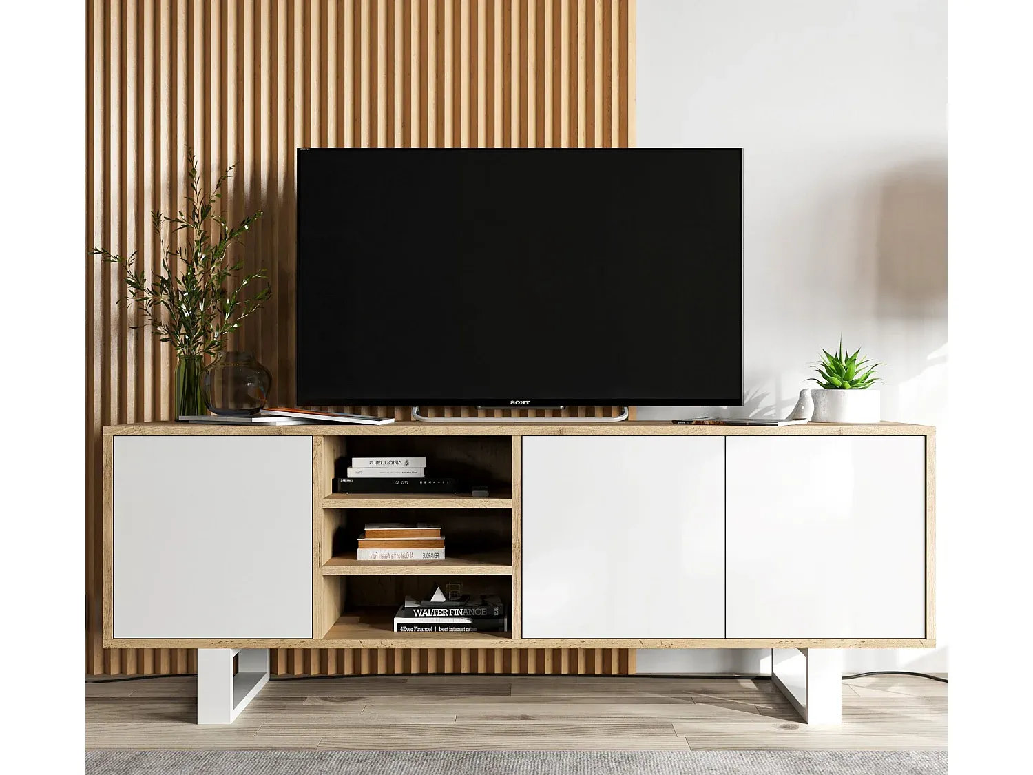 TV-Schrank mit Stauraum aus Eiche und schwarzer Oberfläche