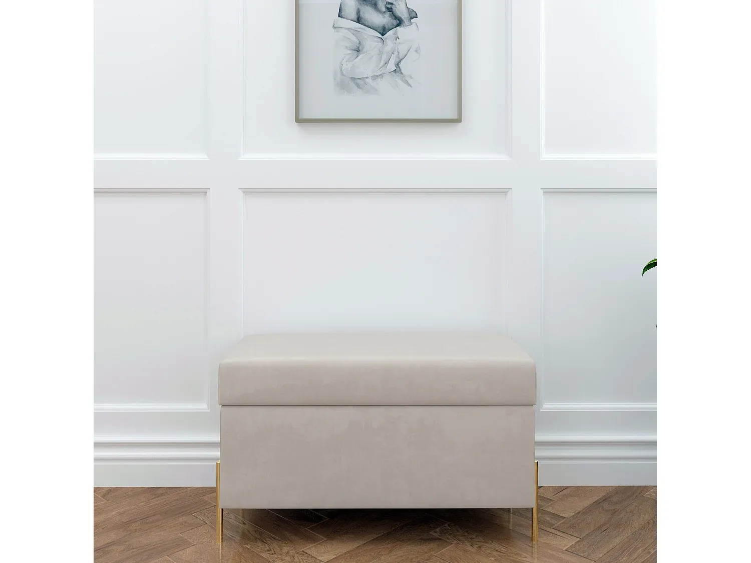 Graue Samthockerbank mit Stauraum und goldenen Metallakzenten