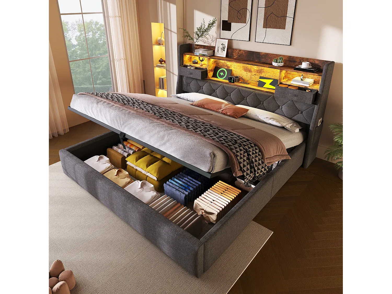 Einzelbett mit Stauraum und Schubladen, 90 x 200 cm, inklusive Seitentaschen