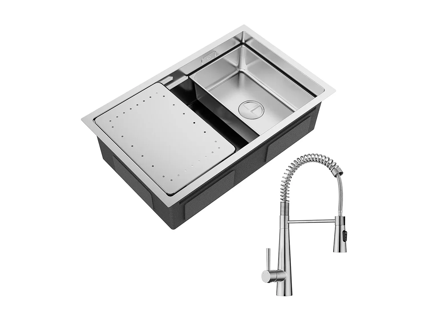 Einbauspüle aus Edelstahl mit Abtropffläche und Feder-Küchenmischer, 70 x 44 cm