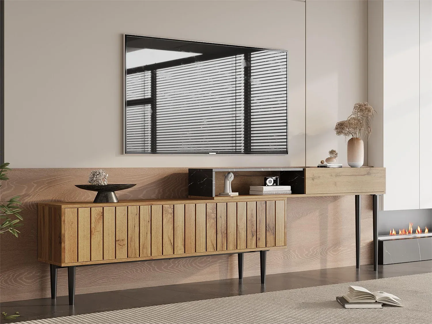 Skandinavischer TV-Schrank mit Marmordesign, 129 cm, Schwarz-Natur