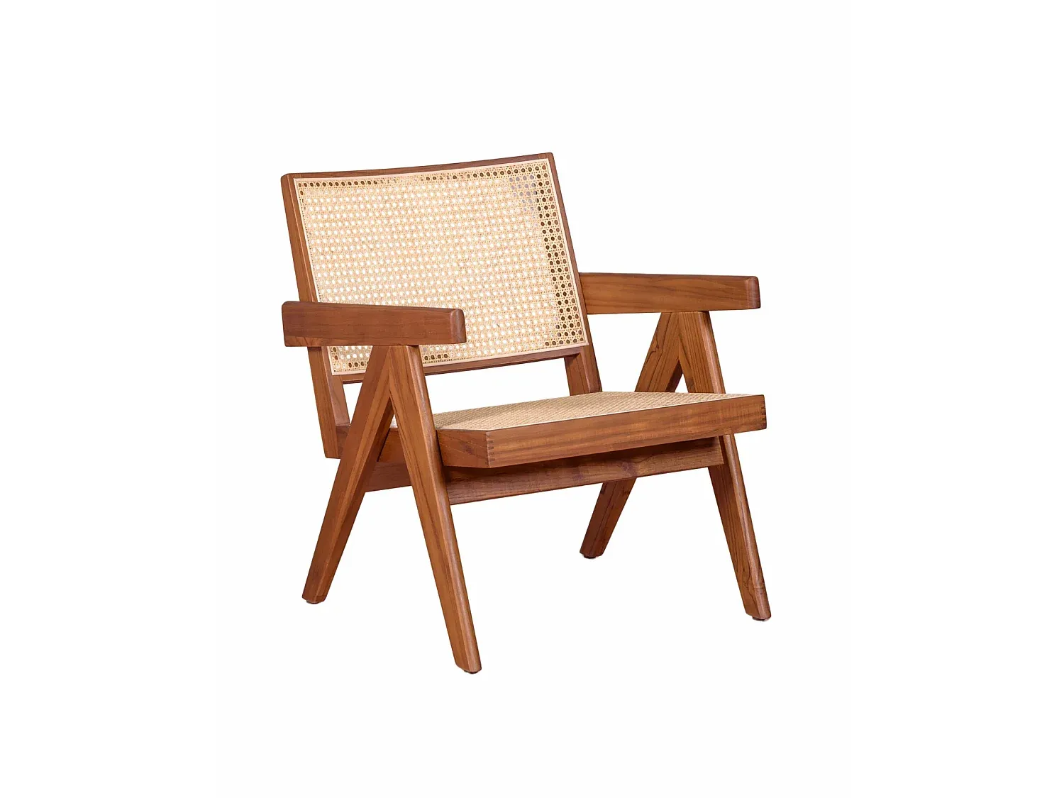 Klassischer Teakholz Sessel mit Rattanarmlehnen