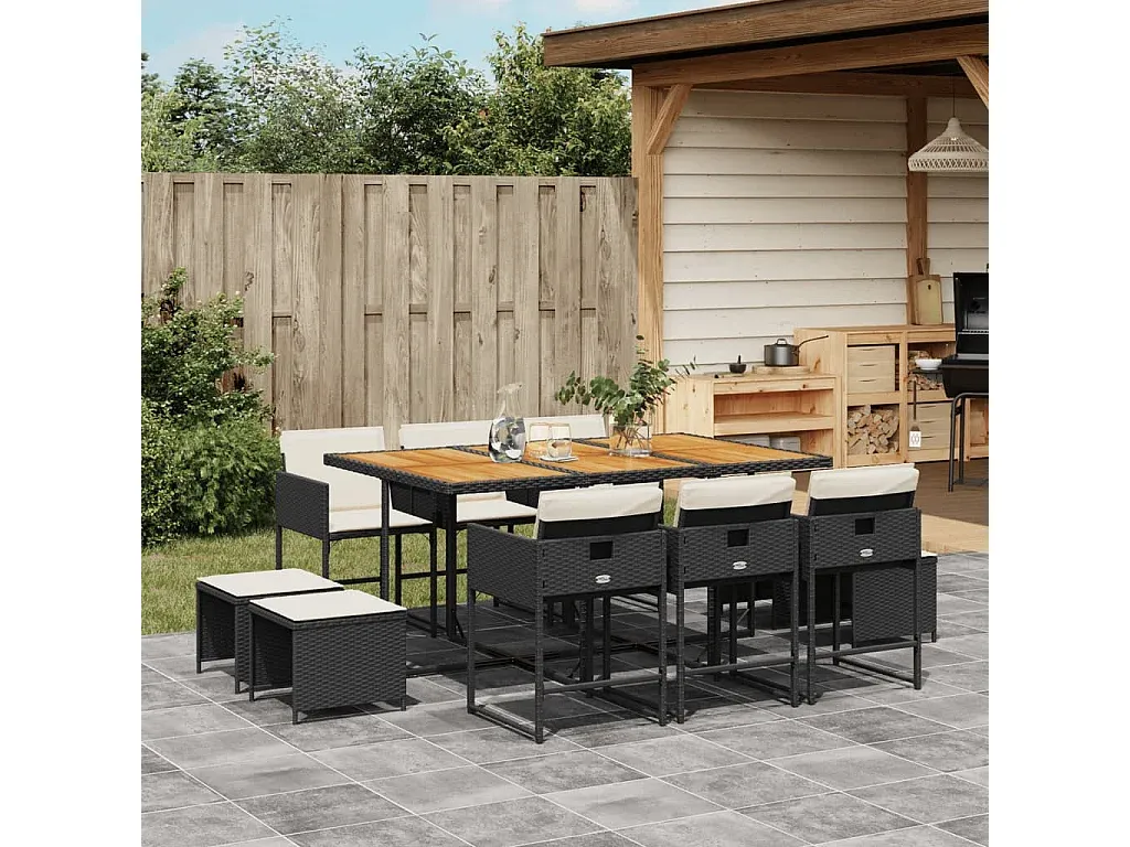 Gartenmöbel Set mit Kissen, 11-teilig, Schwarz, Polyrattan