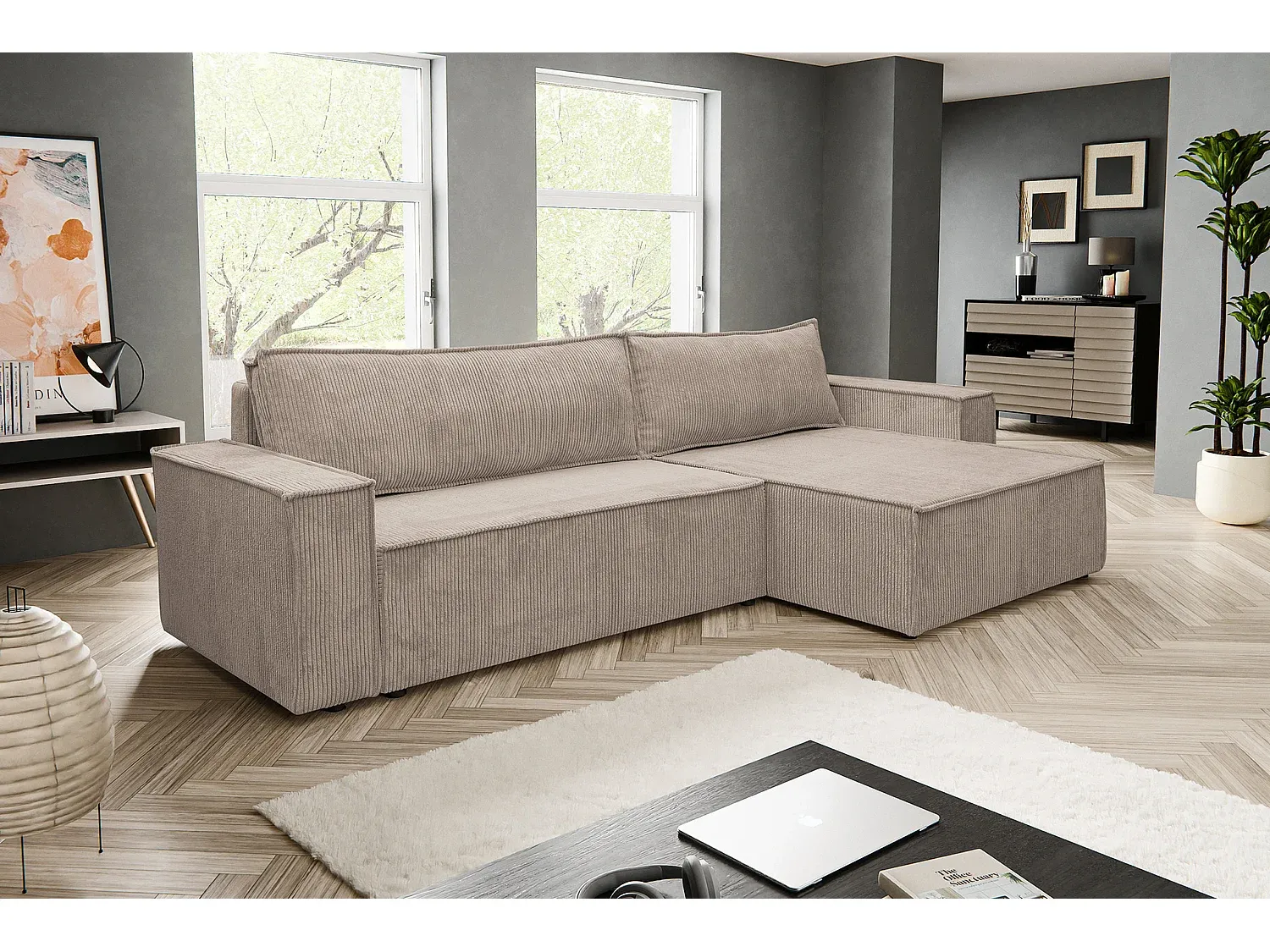 Beige Ecksofa in L-Form mit Schlaffunktion und Bettkasten