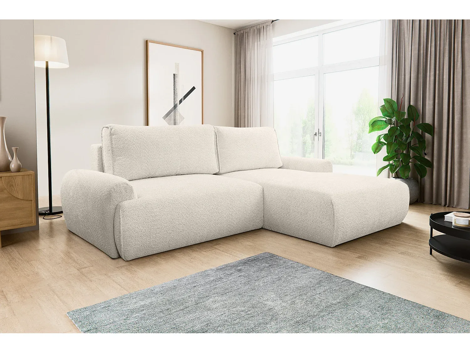 L-förmiges Ecksofa mit Schlaf- und Stauraum, Bouclé-Stoff, Beige, rechte Ottomane