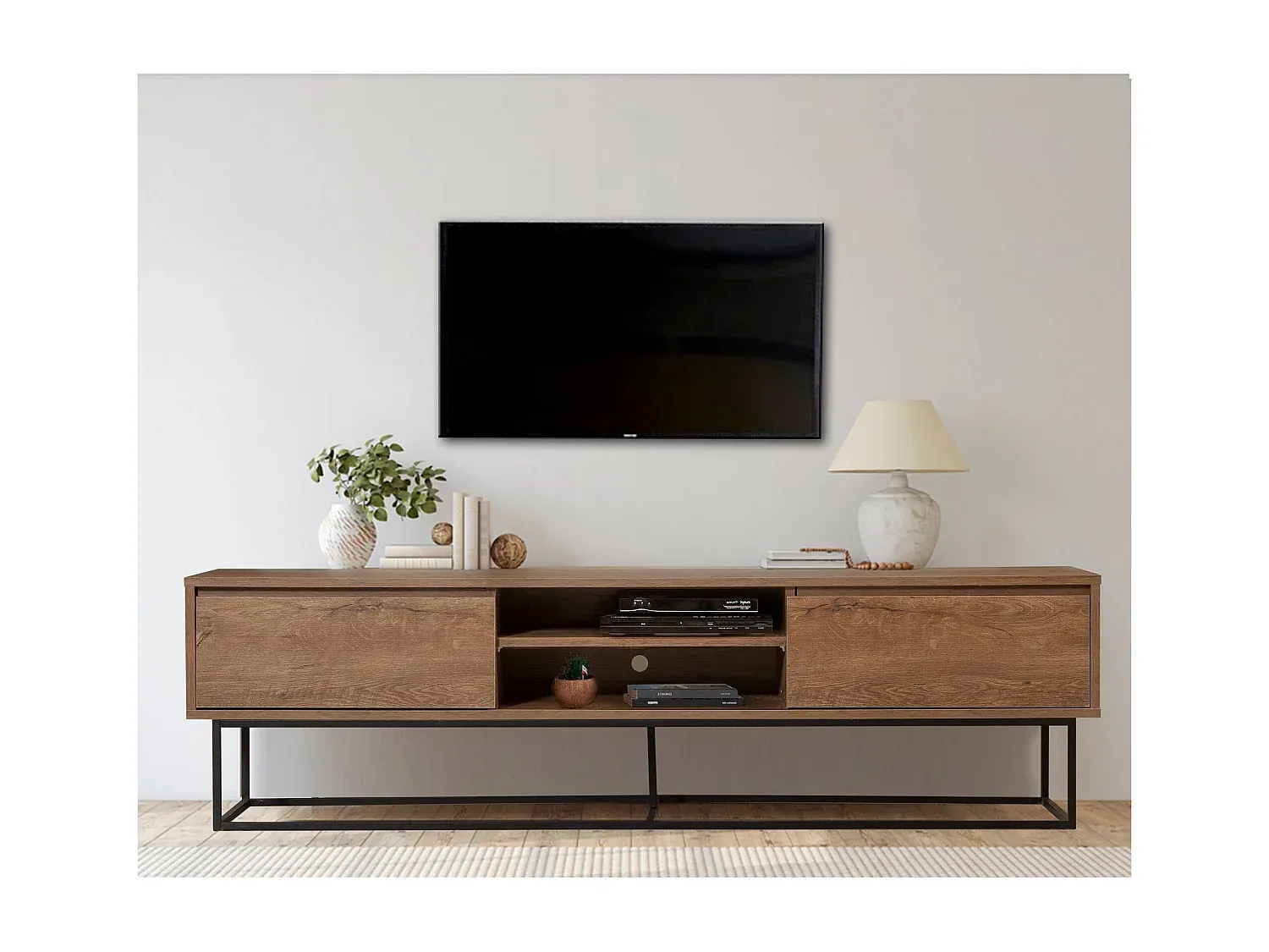 Fernsehmöbel mit 2 Fächern und 2 Schubladen in Nussbaumoptik, 180 cm