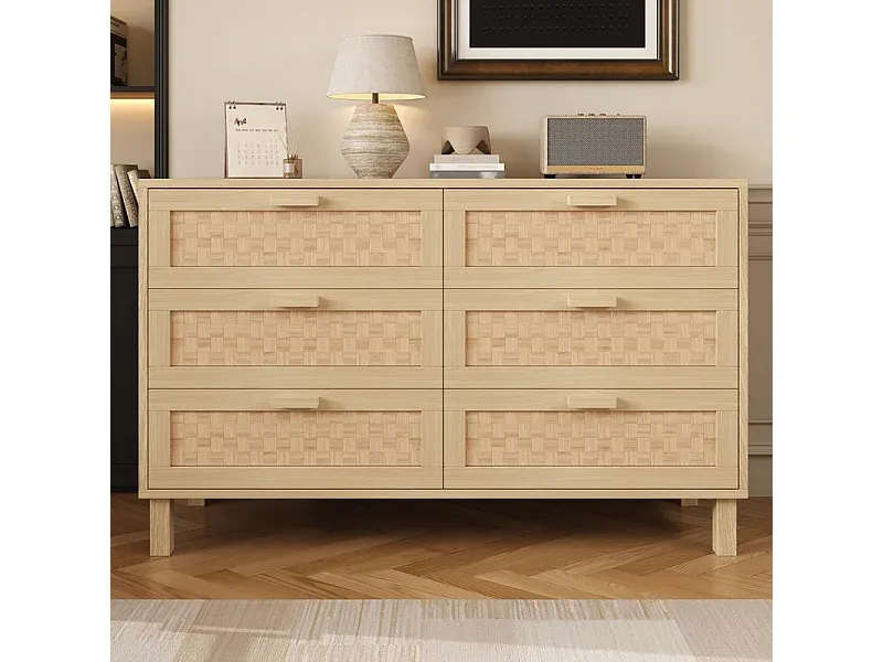 Holzkommode mit 6 Rattanschubladen, Naturhell