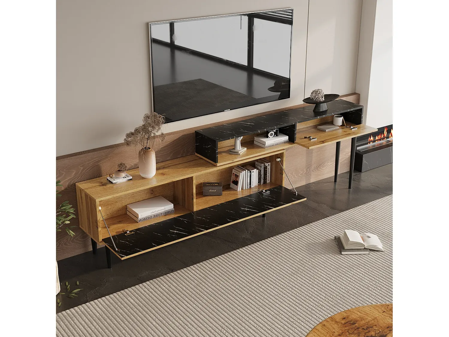 Skandinavischer TV-Schrank mit Marmordesign, 129 cm, Schwarz-Natur