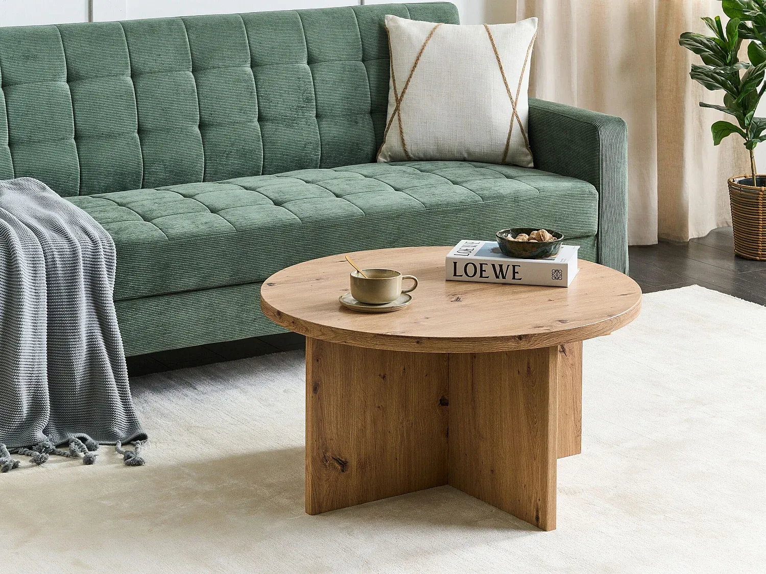 Runder Couchtisch in heller Holzoptik mit X-Form Beinen