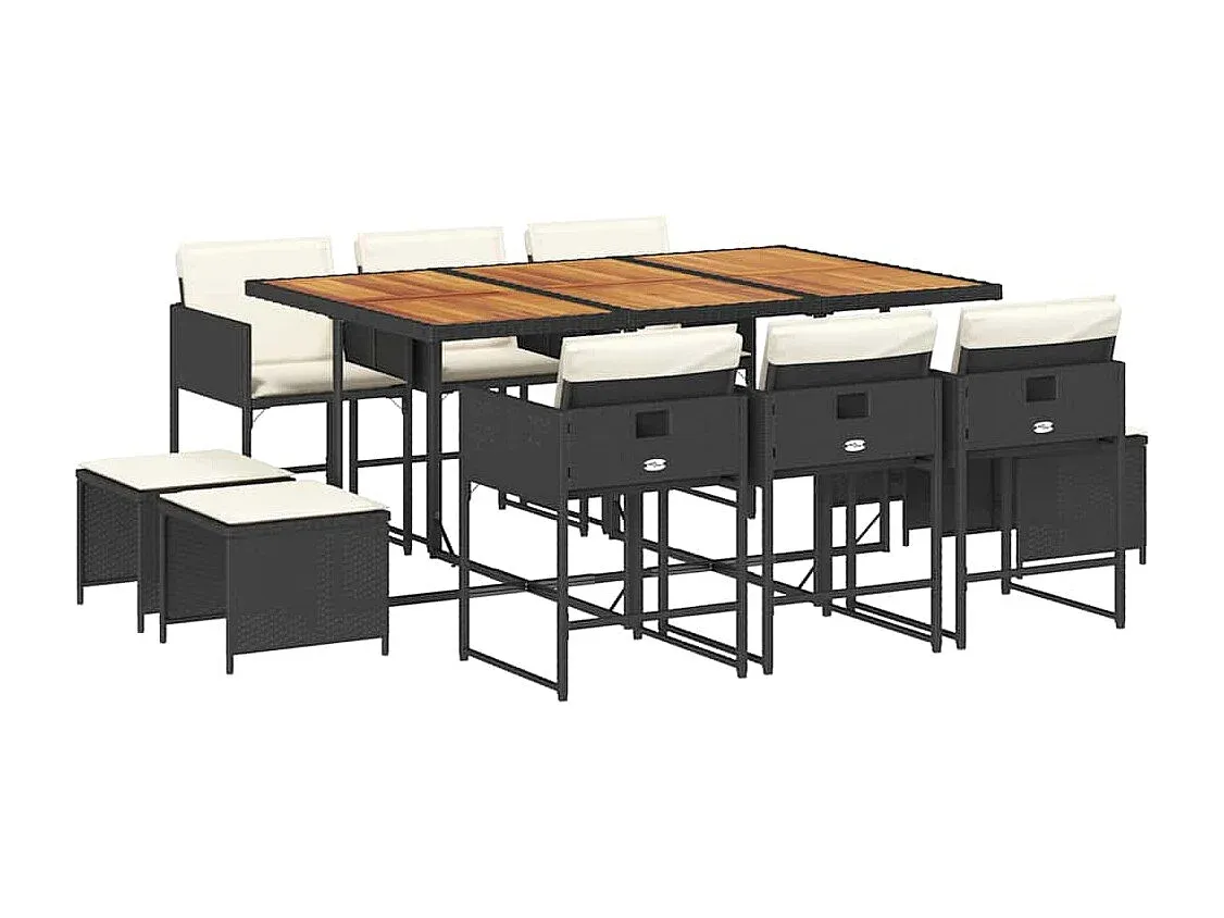 Gartenmöbel Set mit Kissen, 11-teilig, Schwarz, Polyrattan